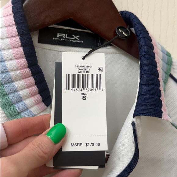 NWT Ralph Lauren White Polo with Navy Trim and Pastel Stripe Collar - Picture 3 of 6